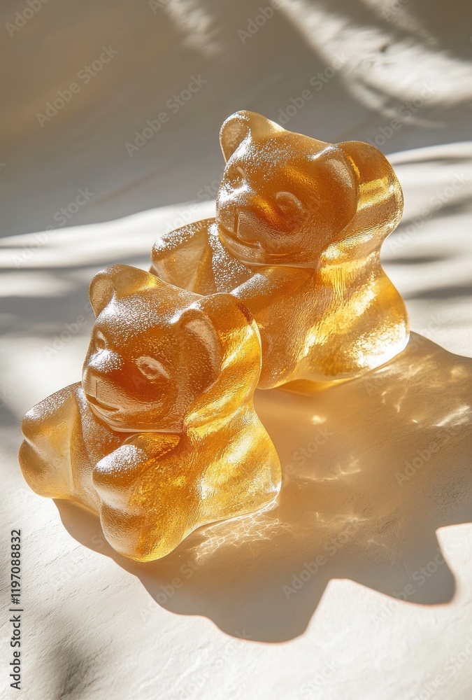 Poster two transparent yellow bear-shaped gummies on a soft background with shadows, perfect for sweet trea