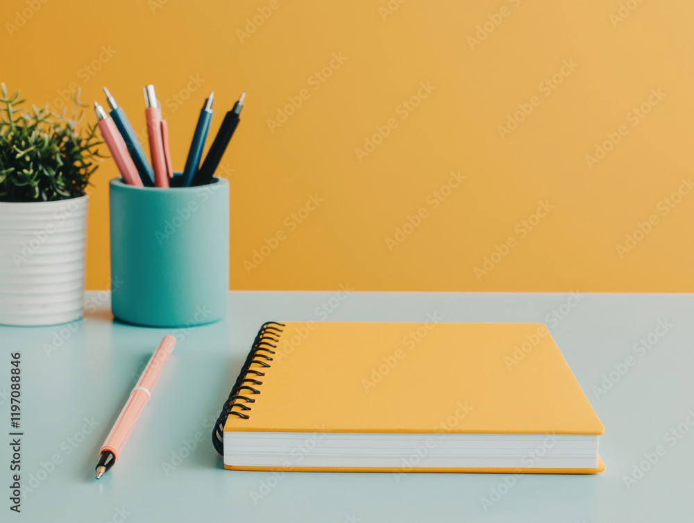 Poster yellow notebook and pens resting on office desk, preparing for team brainstorming