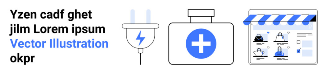Text next to a plug with lightning bolt, medical kit with blue cross, and shopping website. Ideal for technology, medicine, healthcare, medicine shopping, e-commerce, online stores medical supplies