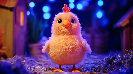 A plump hen plushie in a farmyard setting on blue lights background