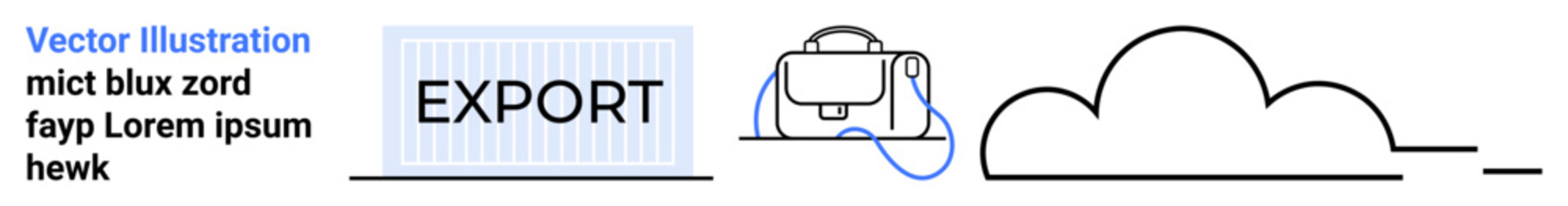Export block with text, packed container, cloud graphic, luggage trolley. Ideal for logistics, global trade, shipping, cloud storage, export business, data transfer, online services. Landing page