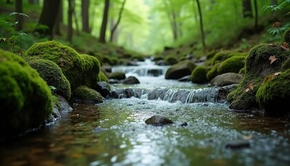 Serene Forest Stream Flowing Over Mossy Rocks in a Lush Green Forest