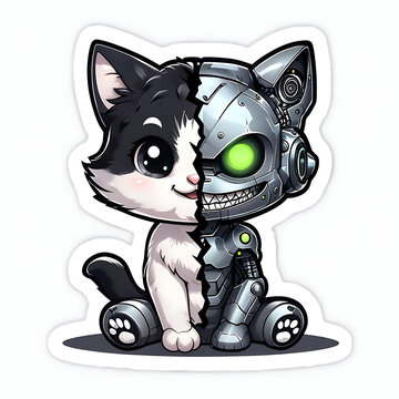 A playful half-cat, half-robot character, blending cute and futuristic elements.

