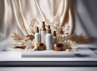 Obraz premium Elegant skincare products displayed on a minimalist platform, adorned with creamy satin fabric and delicate dried flowers, creating a luxurious and calming aesthetic.