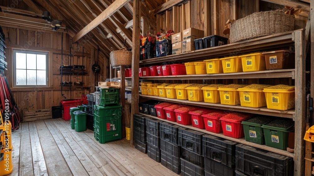 Poster a neatly organized feed storage area with labeled bins and containers.