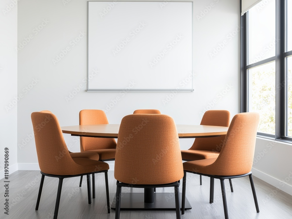 Poster empty round table and orange chairs in a bright meeting room promoting open communication
