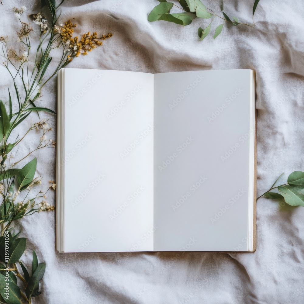 Leinwandbilder blank notebook surrounded by greenery on light fabric for creative projects or note taking opportuni