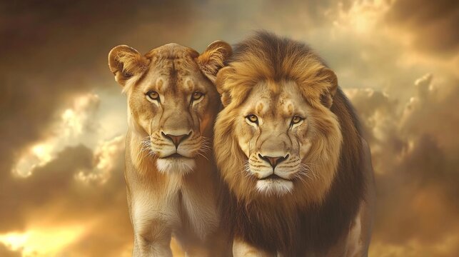 Majestic lion couple, sunset savanna, wildlife, African pride, nature documentary