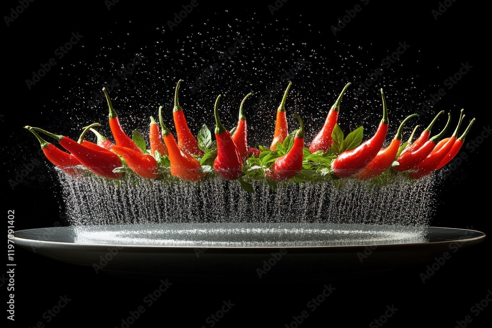 Poster vibrant red chili peppers splashing into water, creating a dynamic and visually stunning image perfe