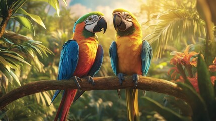 Obraz premium A pair of parrots perched on a branch, displaying their vibrant feathers in a natural setting.