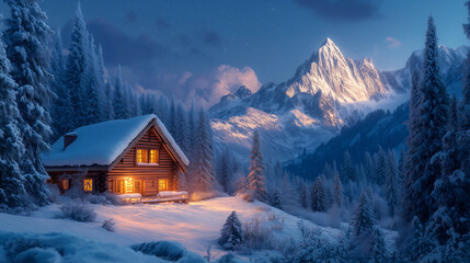 Fototapeta premium A cozy log cabin in a snowy forest, with warm light glowing from the windows, surrounded by snow-covered pines and majestic snow-capped mountains towering in the background, under a starry sky. 