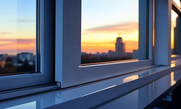 Sunrise city view from modern window