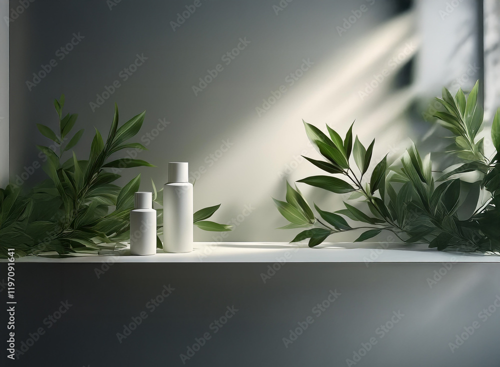 Poster Sunlight streams through a window, illuminating minimalist white bottles on a shelf amidst lush green foliage.  A serene and natural beauty scene.