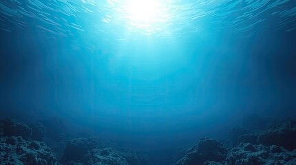 Obraz premium An underwater seascape in a deep abyss, bathed in the ethereal glow of a blue sun. Bioluminescent creatures radiate vibrant colors