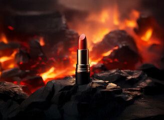 A single tube of red lipstick stands defiantly amidst glowing embers and dark coals.  The contrast of the vibrant color against the fiery backdrop creates a dramatic image.