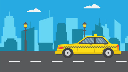 Naklejka premium vector illustration of City Skyline View with a Yellow Taxi Driving on the Urban Road