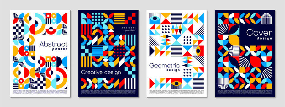 Geometric posters set with abstract pattern of modern shapes, vector templates. Modern trendy or retro futuristic poster backgrounds with geometric mosaic pattern of abstract shapes for cover layouts