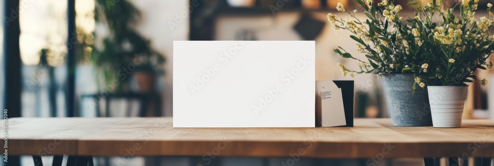 Poster modern workspace featuring empty copy space for text and decorative plants in a cozy interior settin