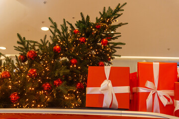New Year's decor in a hypermarket. festive Christmas decorations in the mall