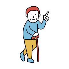 T字杖を持ち、人差し指を立てるシニア男性のイラスト