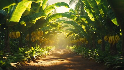 An expansive banana tree farm in Indonesia, vibrant green banana leaves, clusters of bananas hanging from trees, tropical atmosphere, realistic details, cinematic lighting