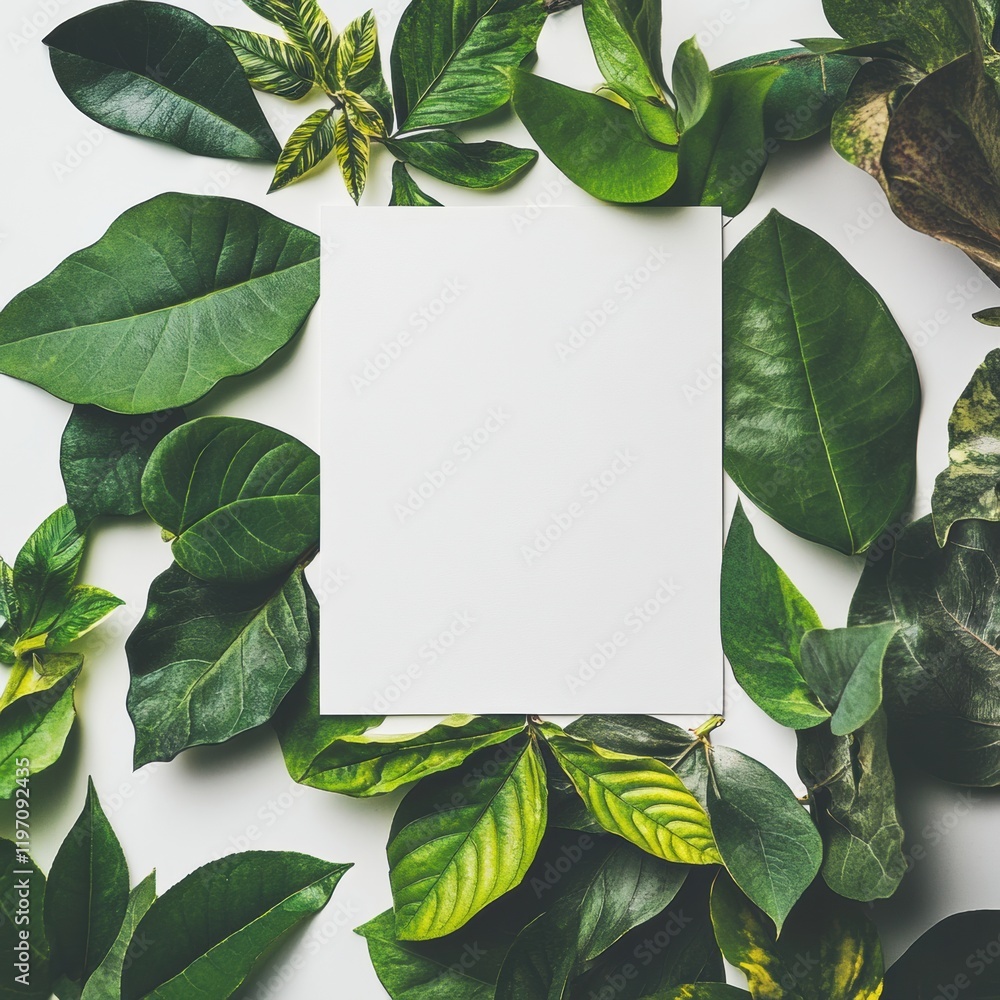 Poster leafy arrangement with empty space for text on a light background in a natural setting during daytim