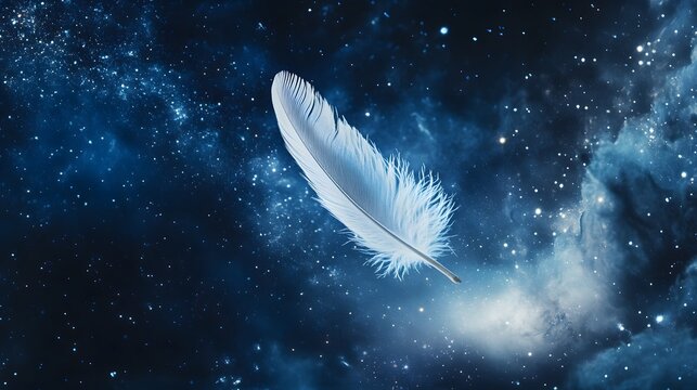 A soft, light feather drifting in the infinite expanse of space, floating freely, evoking feelings of peace, weightlessness, and absolute freedom from the world