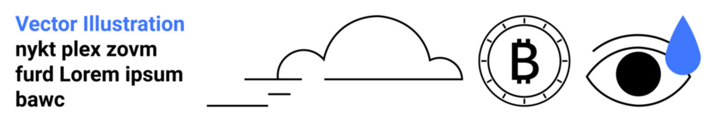 Cloud with lines, Bitcoin symbol, eye with blue teardrop. Ideal for technology, cryptocurrency, emotional health, digital currency, finance trends, modern design, and innovative illustrations