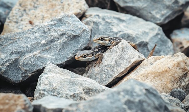 Two lizards lie on grey rocks basking closely.