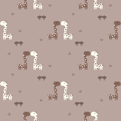 Giraffe couple cartoon so cute. On heart flower background. Pattern seamless vector illustration. 
