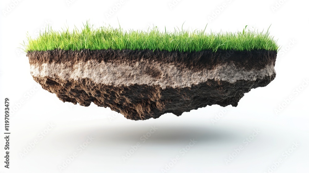 Poster creative 3d concept of floating land segment with grass and soil