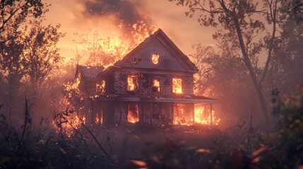 House fire with a focus on intricate details and vibrant tones, emphasizing depth and contrast