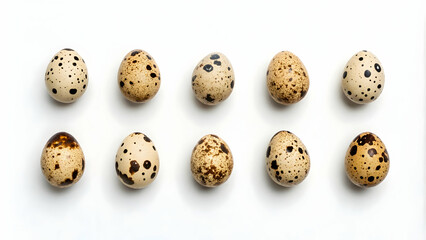 Fototapeta premium Collection of Speckled Quail Eggs on White Background