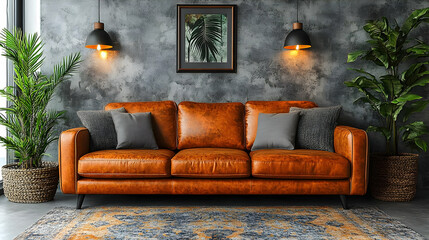 Modern living room interior with brown leather sofa, plants, and industrial style decor