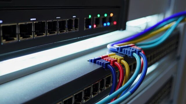 Network switch connections and cable management in a server room with active equipment lights