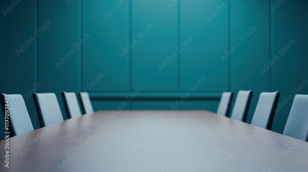 Poster empty conference table in modern boardroom facing large display screen