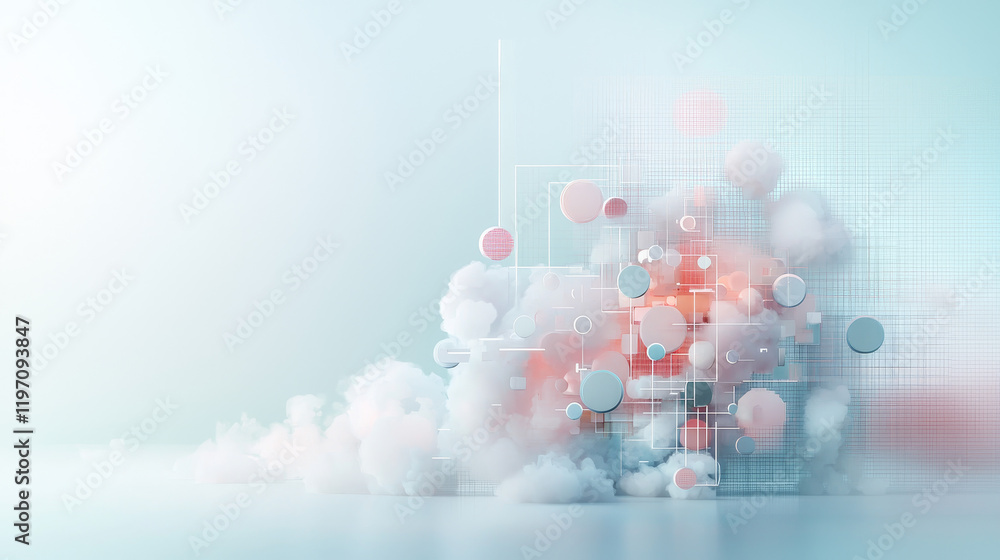 Poster dynamic abstract visualization of colorful shapes and smoke digital art studio environment minimalis
