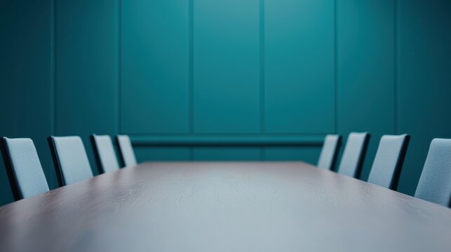 Empty conference table in modern boardroom facing large display screen