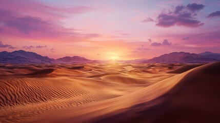 Fototapeta premium Serene Vibrant Sunset Over Majestic Desert Dunes with Beautifully Sculpted Sand and Dramatic Sky in a Tranquil Landscape Scene