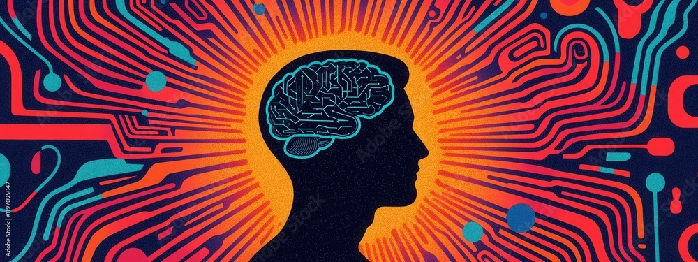 Aufkleber abstract representation of human brain with digital circuit patterns over vibrant glowing background