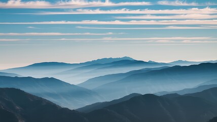 Tranquil Mountain Landscape With Layers and Soft Morning Mist Under Clear Sky

