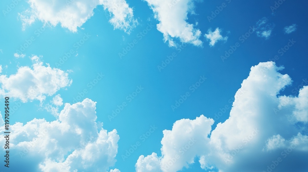 Poster Bright blue sky with fluffy white clouds creating an open space for text or creative designs in a vibrant setting. Generative AI