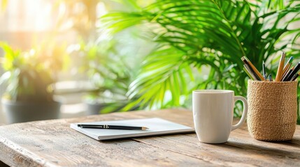 Cozy workspace near window, plants, coffee, notepad