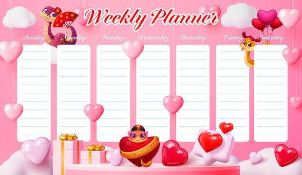Weekly planner schedule with valentines day hearts and funny snakes. Vector educational timetable, school lesson planner template with cute reptile characters and gifts. Kid time table organizer frame
