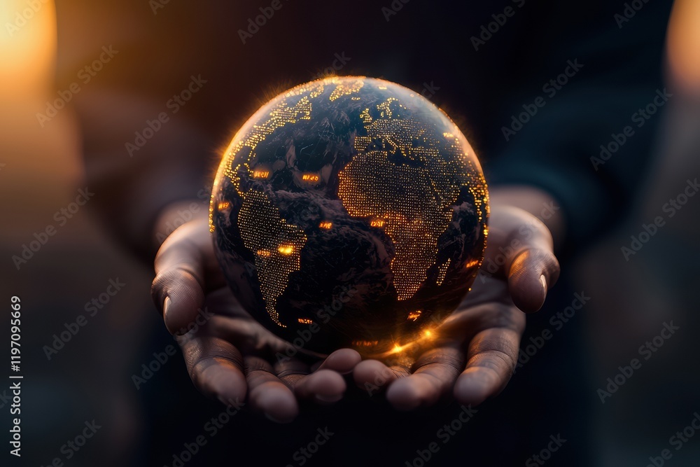 Poster hands holding glowing globe with lights representing global connections and unity