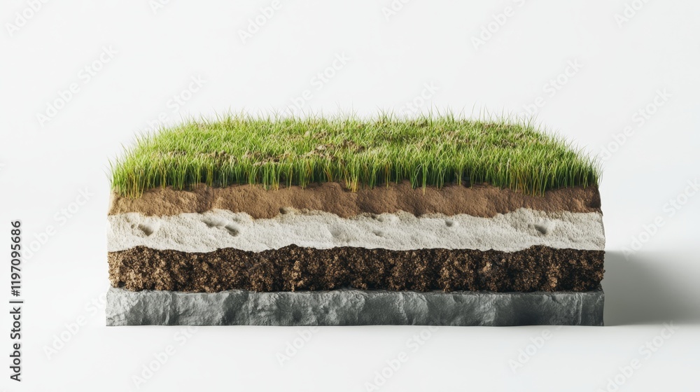 Poster 3d render of cross section with grassy top layer and soil strata