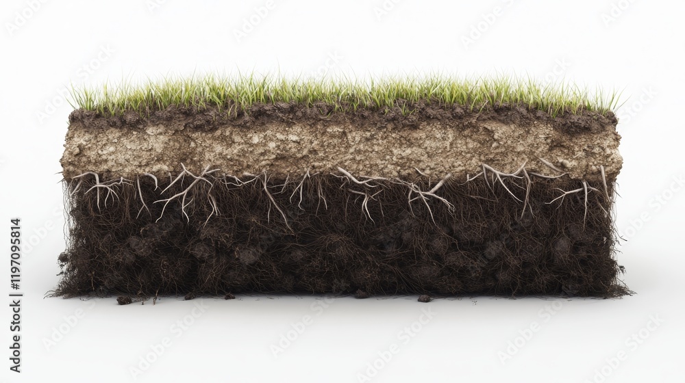 Poster 3d rendering of soil cross section with grass and roots detail