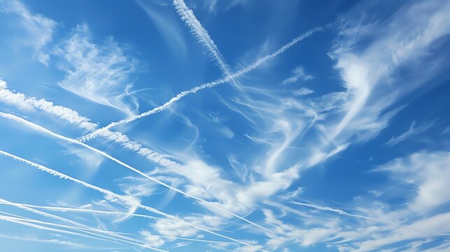 A blue sky with many contrails and wispy clouds.