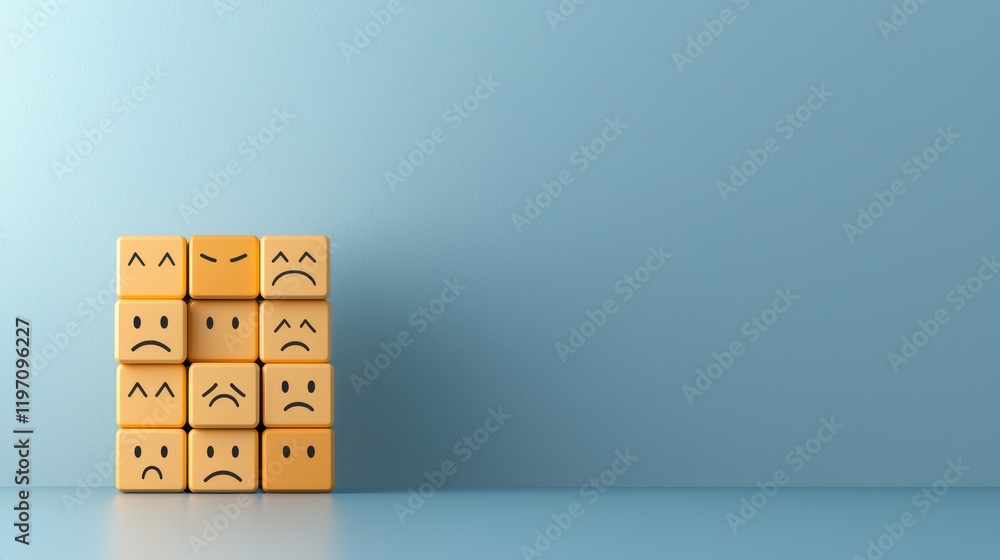 Poster emotion cubes displaying various facial expressions on a blue background