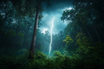 Heavy Rain Pouring Down on Dense Forest Scene Captured in Dramatic Lighting with Lightning Strikes and Lush Green Foliage in a Majestic Wilderness Setting